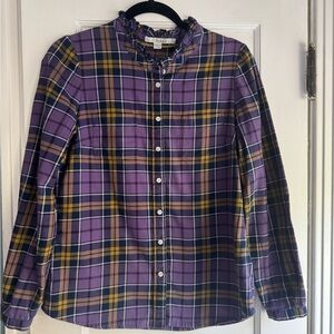 Boden Purple and Yellow Plaid Ruffled Shirt
